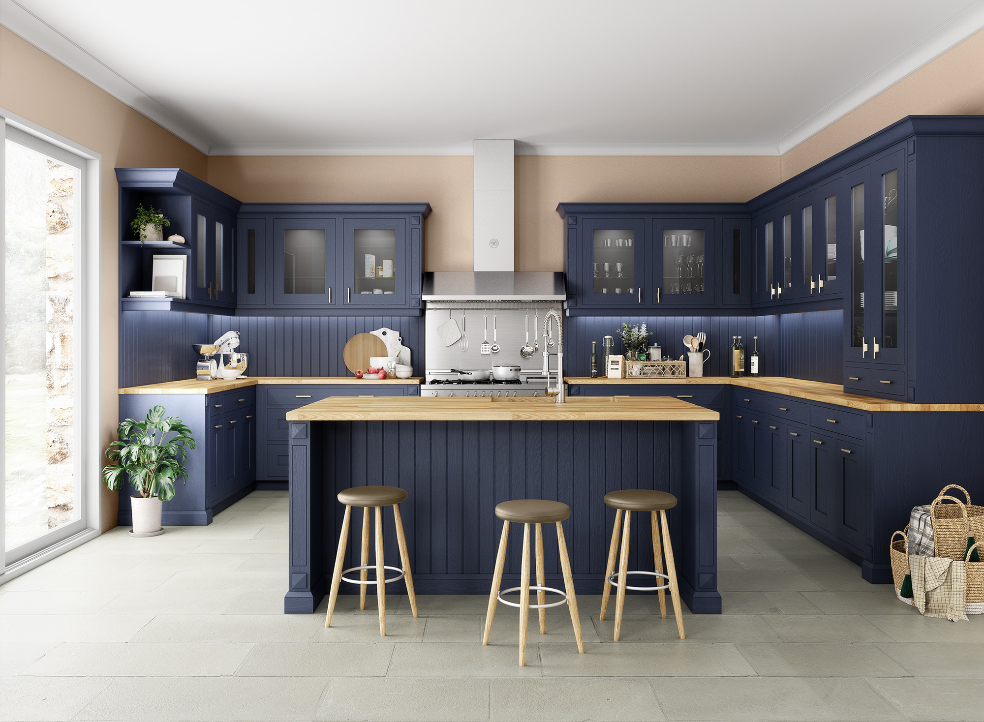 Cuisine en u bleu bois