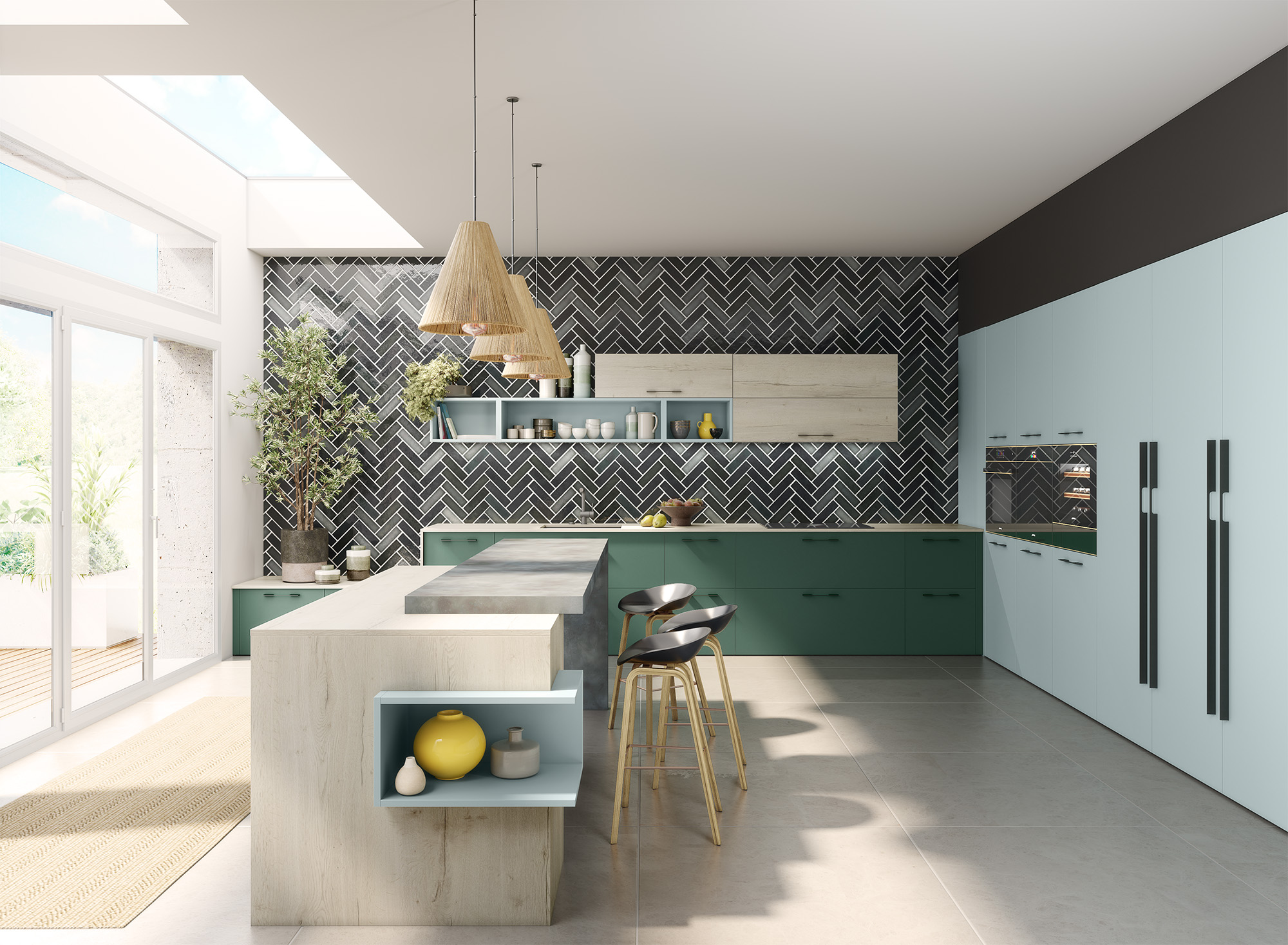 Cuisine en L bleu et vert