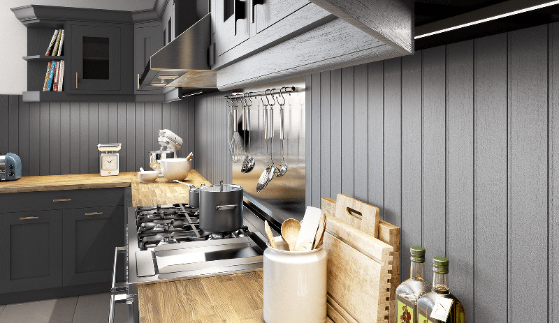 Cuisine avec une crédence effet lambris en bois