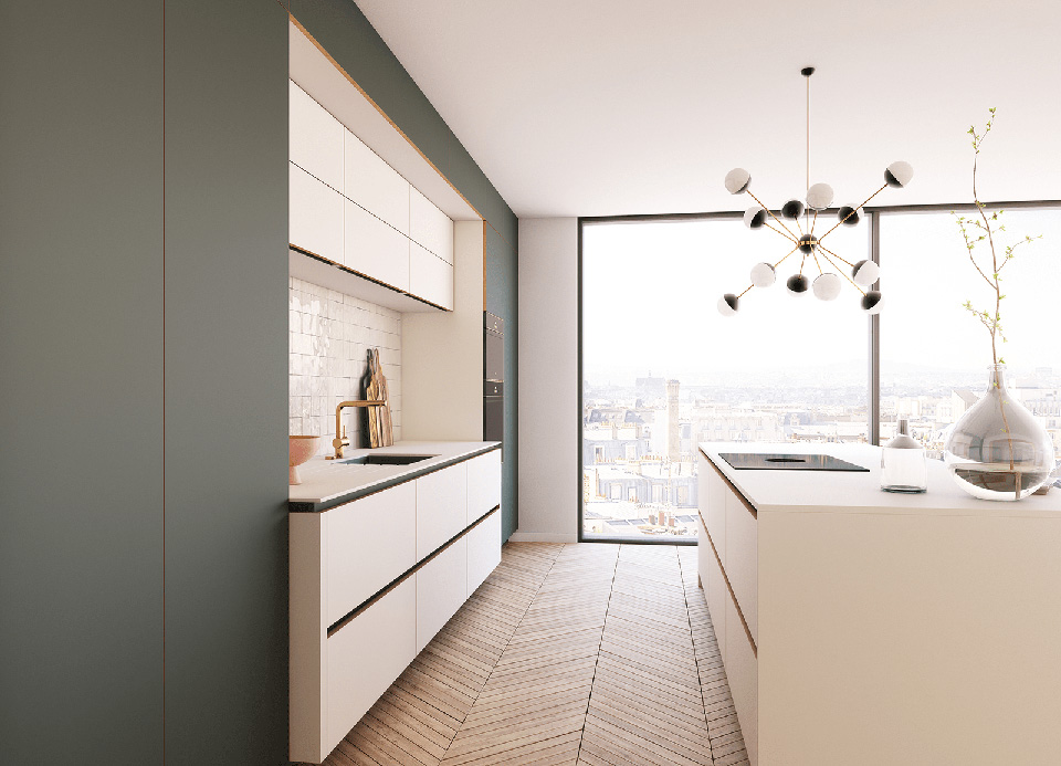 Cuisine sans poignée vert et blanche